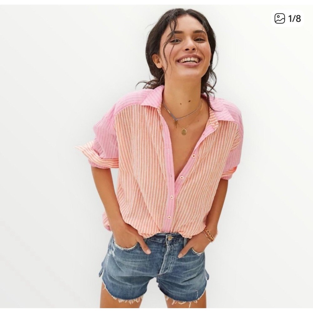 Anthropologie Maeve Women's XS Katia Two-Toned Button Down Shirt Striped Boho